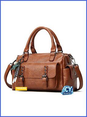 Retro PU Leather Satchel Handbag Crossbody Shoulder Bag with Pendant